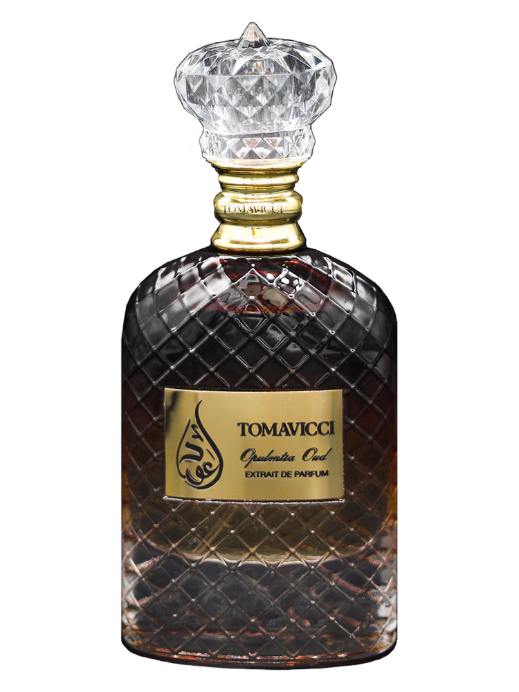 Opis ALT: Tomavicci Opulentia Oud perfumy niszowe extrait de parfum w eleganckim flakonie, orientalno-kwiatowa kompozycja z nutami szafranu, maliny, róży, jaśminu, oudu, ambry i piżma.
